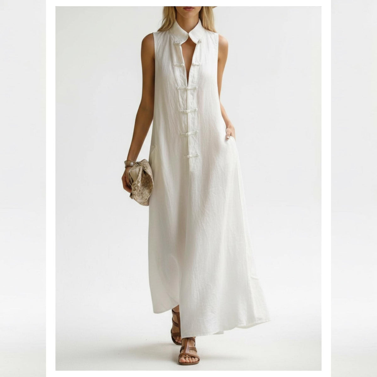 Women Linen Look Midi Dress Sleeveless A-Line Wrap Dress Elegant Minimalist Dress Summer Maxi Dress