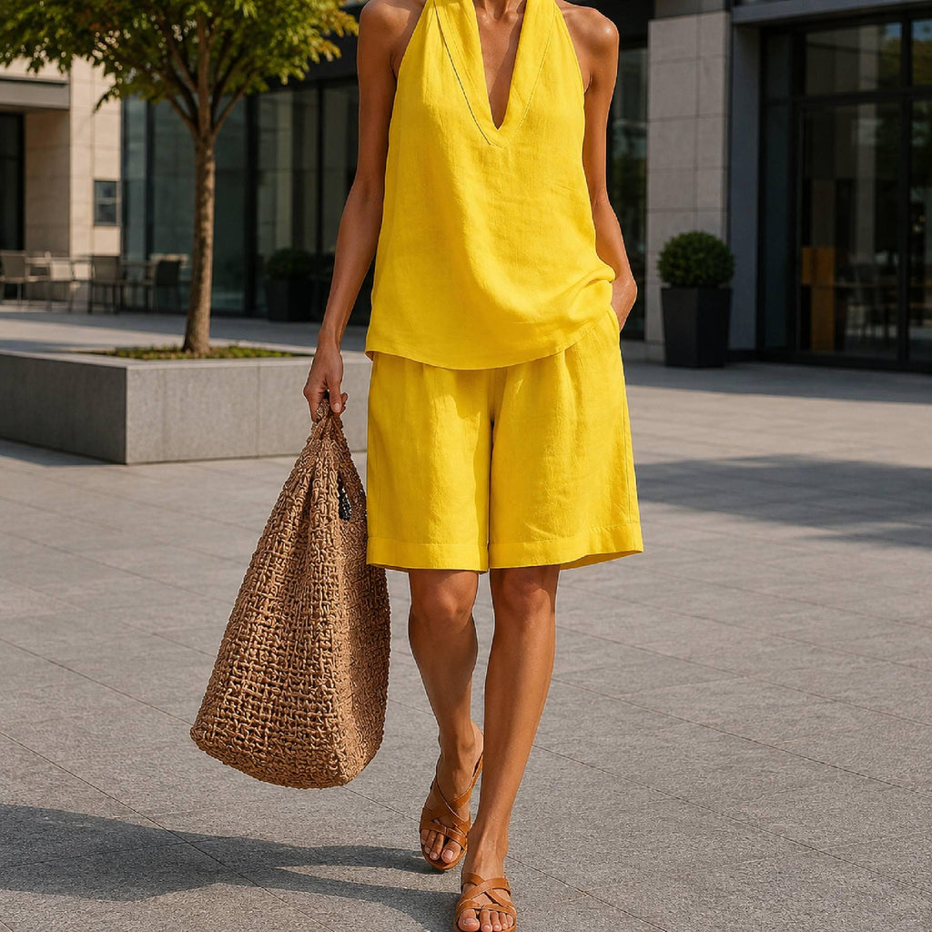 Women's Linen Halter Neck Two Piece Set Sleeveless Summer Vacation Beach Resort Outfit Casual