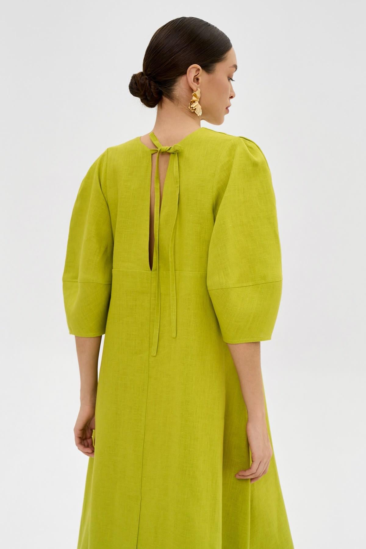 V-Neck Linen Shift Dress with Puff Sleeves | Sustainable | Organic | Luxury