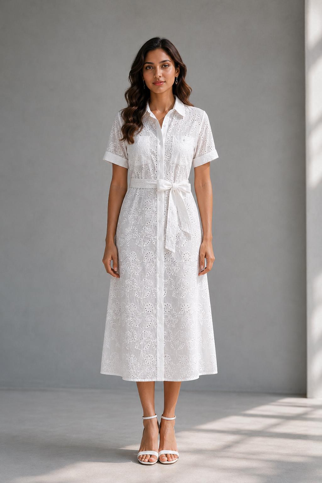 Eyelet Cotton Shirt Dress | Soft Summer Midi Dress | Beach Resort Wear