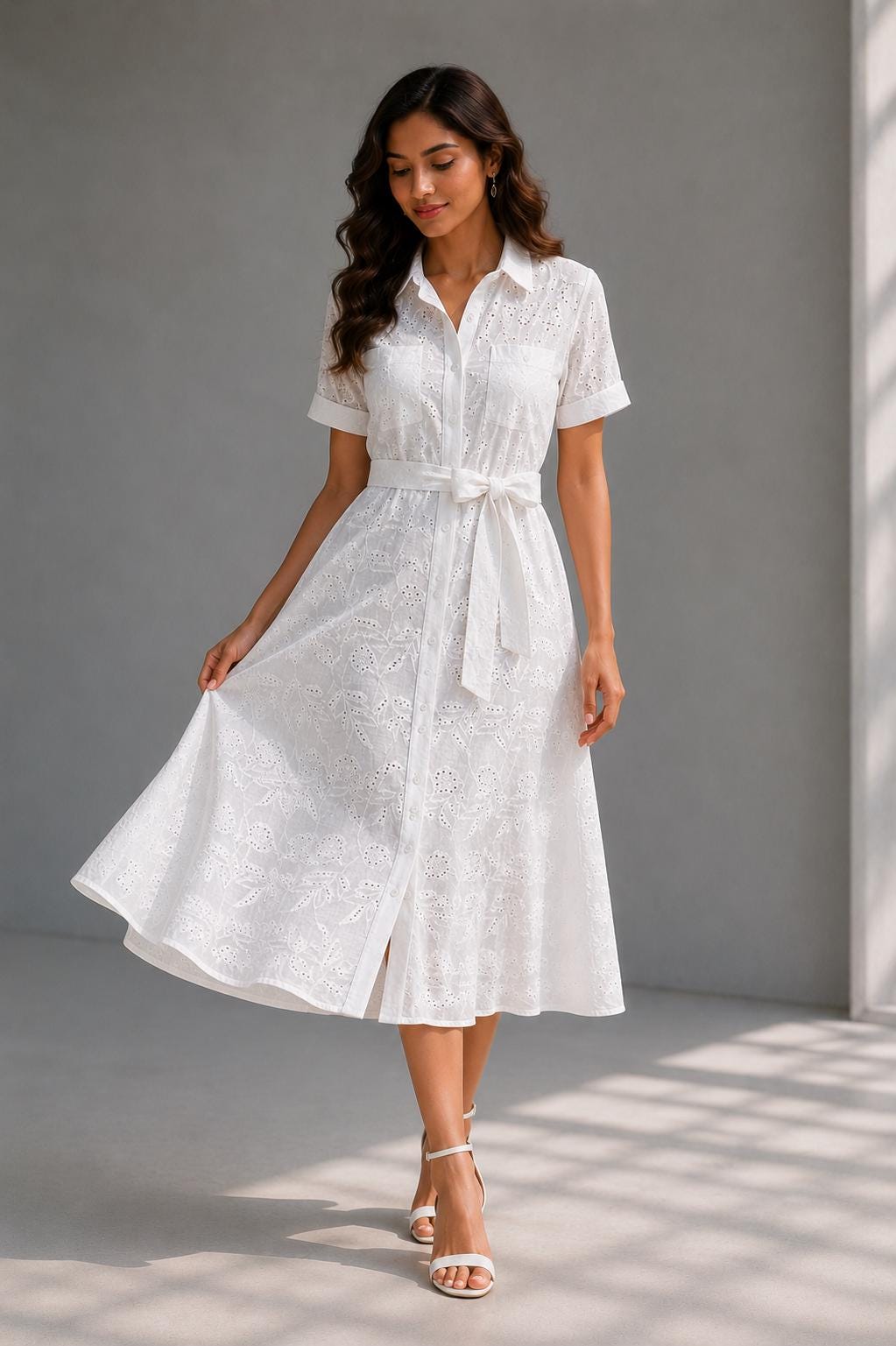 Eyelet Cotton Shirt Dress | Soft Summer Midi Dress | Beach Resort Wear