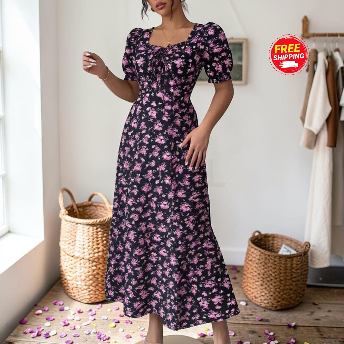Floral Maxi Dress: Puff Sleeve Square Neck Summer Vacation Style