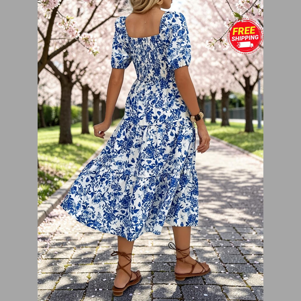 Floral Maxi Dress: Puff Sleeve Square Neck Summer Vacation Style