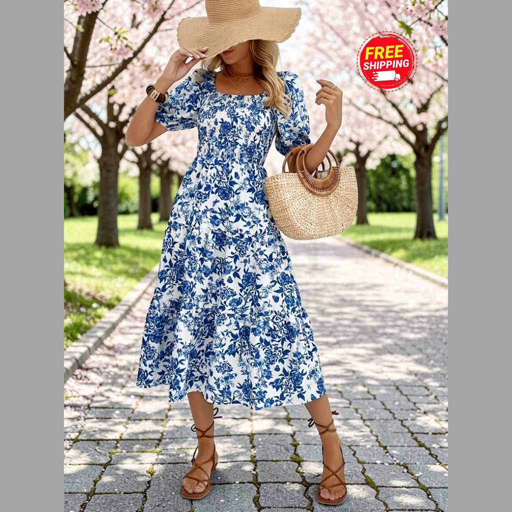 Floral Maxi Dress: Puff Sleeve Square Neck Summer Vacation Style