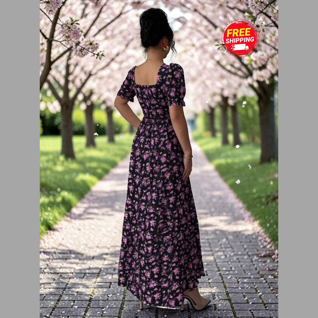Floral Maxi Dress: Puff Sleeve Square Neck Summer Vacation Style