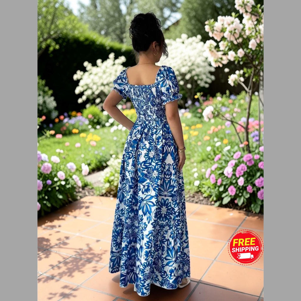 Floral Maxi Dress: Puff Sleeve Square Neck Summer Vacation Style