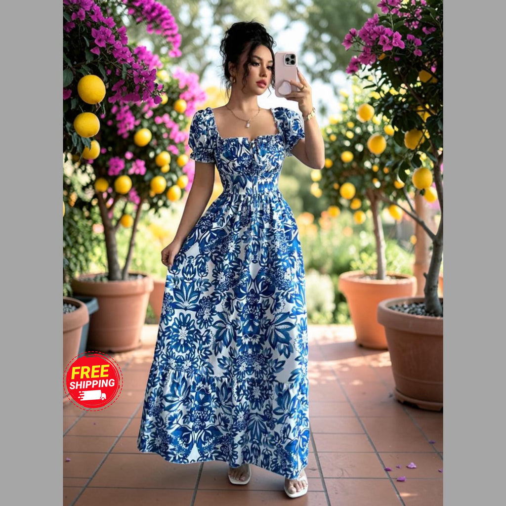 Floral Maxi Dress: Puff Sleeve Square Neck Summer Vacation Style