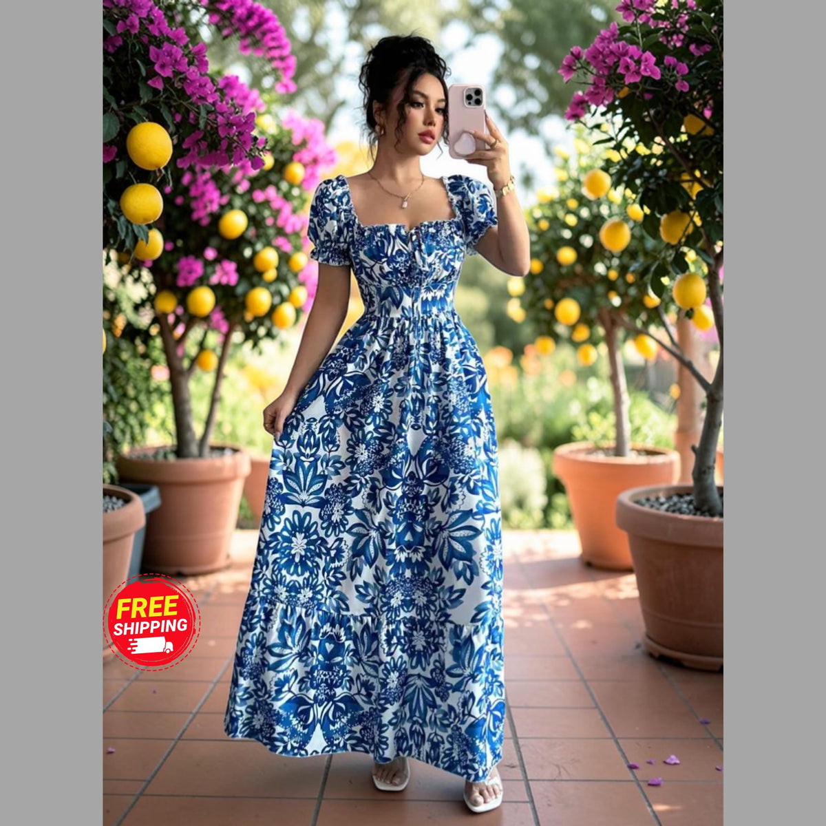 Floral Maxi Dress: Puff Sleeve Square Neck Summer Vacation Style