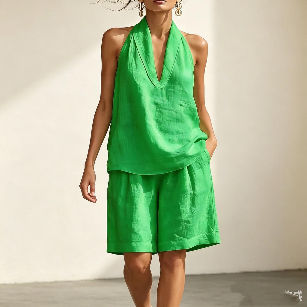 Women's Linen Two Piece Coord Set, Halter Deep V Sleeveless Top & Knee Length Wide Leg Shorts, Women Summer Resort Vacation Matching Outfit