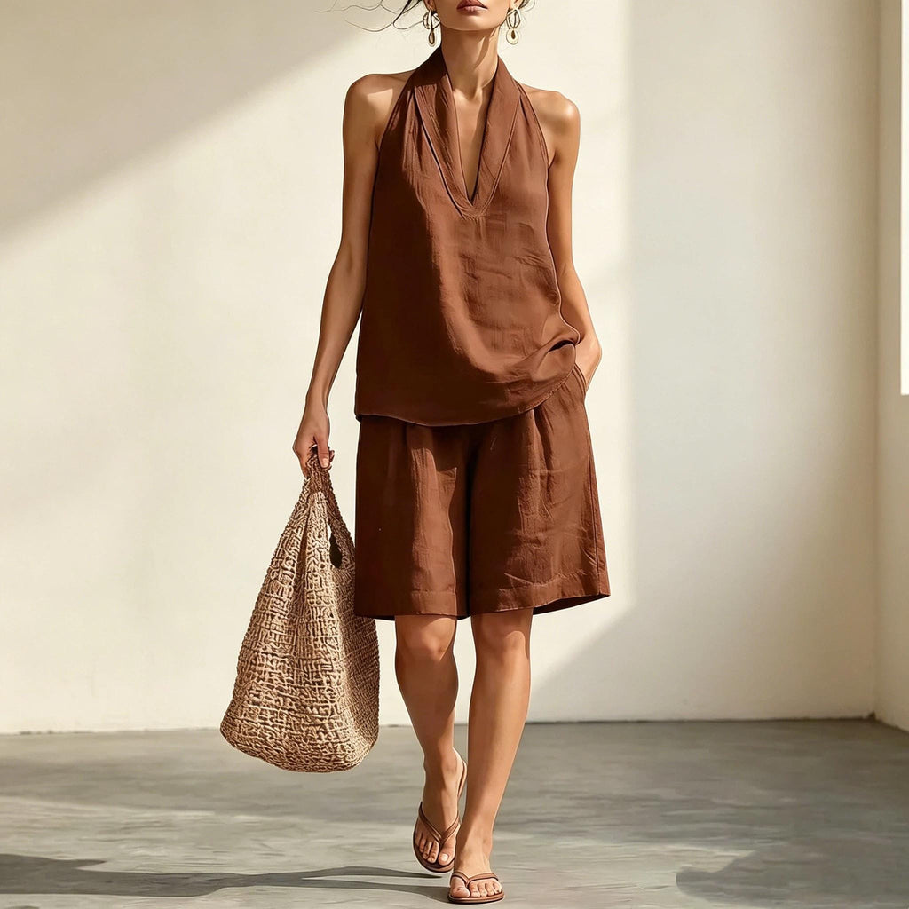 Women's Linen Two Piece Coord Set, Halter Deep V Sleeveless Top & Knee Length Wide Leg Shorts, Women Summer Resort Vacation Matching Outfit