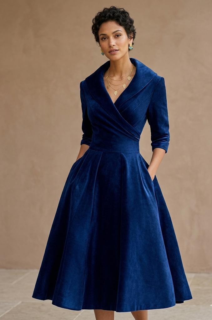 Elegant Wrap Midi Dress, Ruffle Collar, Pockets, Chic Formal Wear