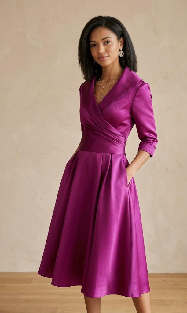 Elegant Wrap Midi Dress, Ruffle Collar, Pockets, Chic Formal Wear