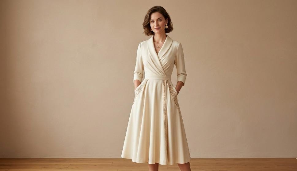 Elegant Wrap Midi Dress, Ruffle Collar, Pockets, Chic Formal Wear