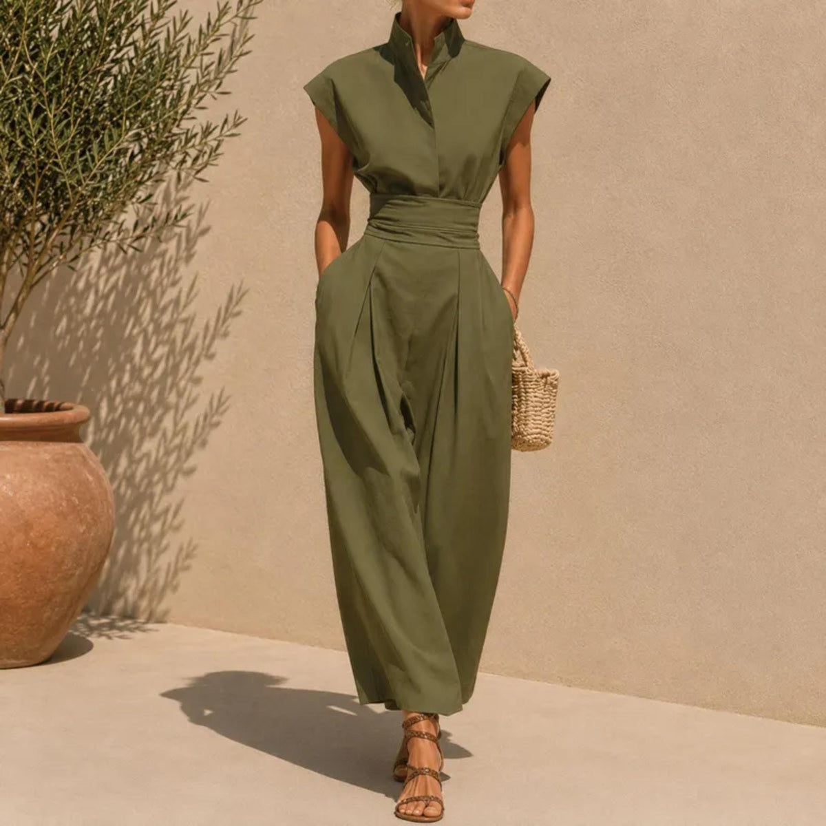 Elegant Maxi Dress, Sleeveless Stand Collar Midi with Pockets, Minimalist Summer Outfit, Chic Vacation Wear