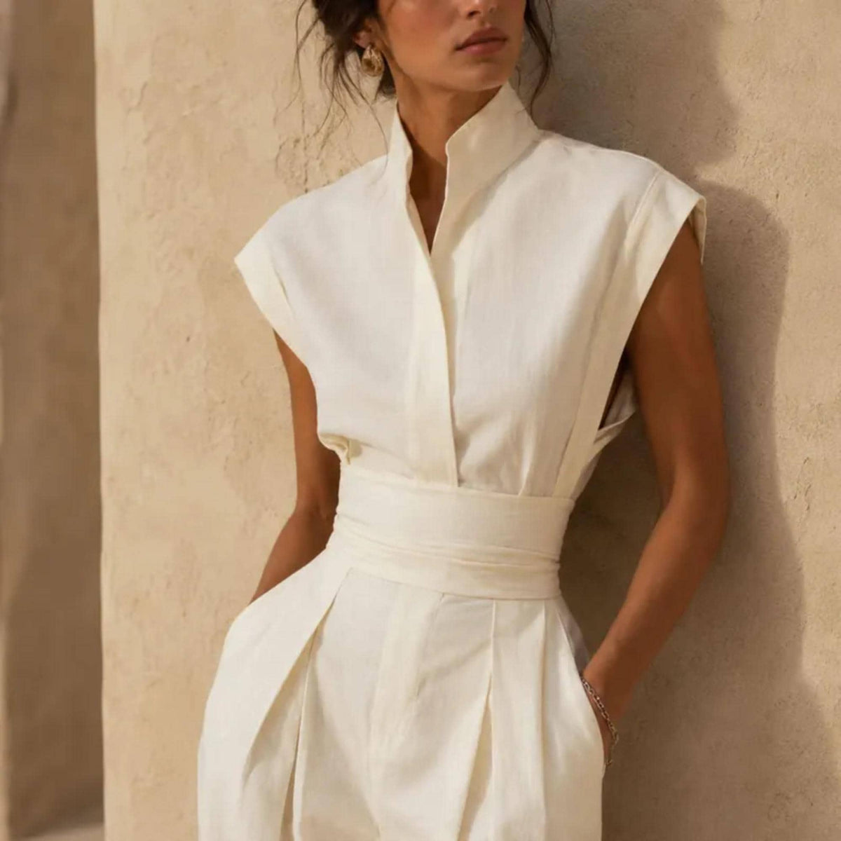 Elegant Maxi Dress, Sleeveless Stand Collar Midi with Pockets, Minimalist Summer Outfit, Chic Vacation Wear
