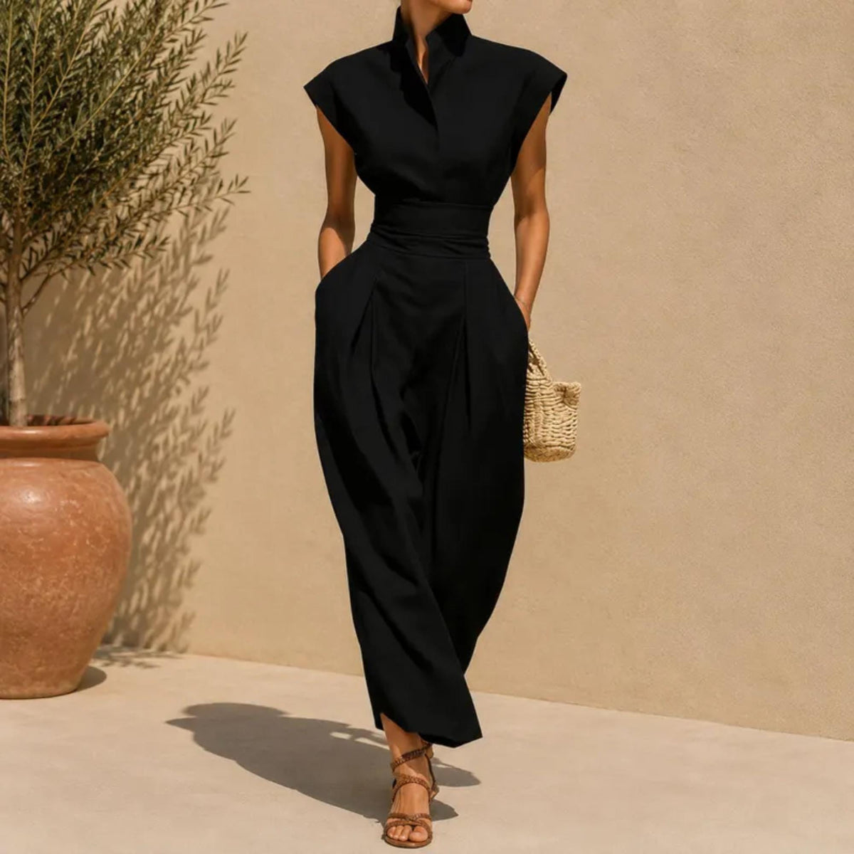 Elegant Maxi Dress, Sleeveless Stand Collar Midi with Pockets, Minimalist Summer Outfit, Chic Vacation Wear