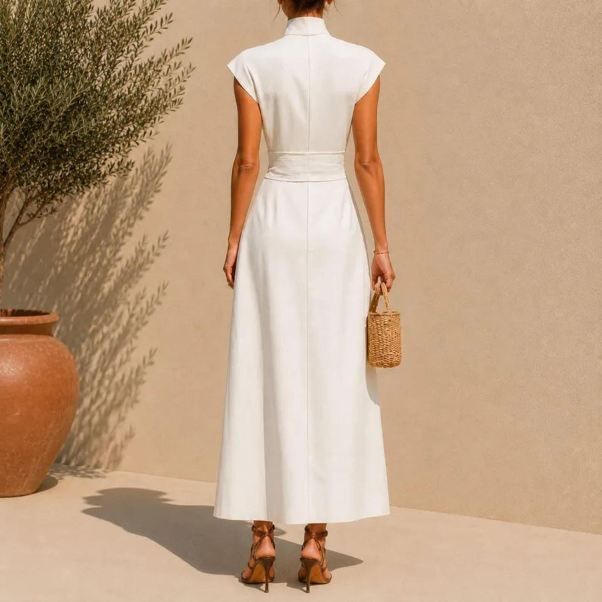 Elegant Maxi Dress, Sleeveless Stand Collar Midi with Pockets, Minimalist Summer Outfit, Chic Vacation Wear