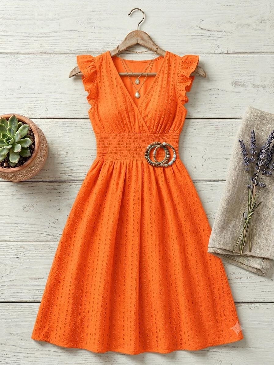 Women's Boho Beach Dress, V-Neck Flare Sleeve Sundress, Hollow Lace Waist Vacation Dress, Casual Summer Resort Wear, Gift for Her