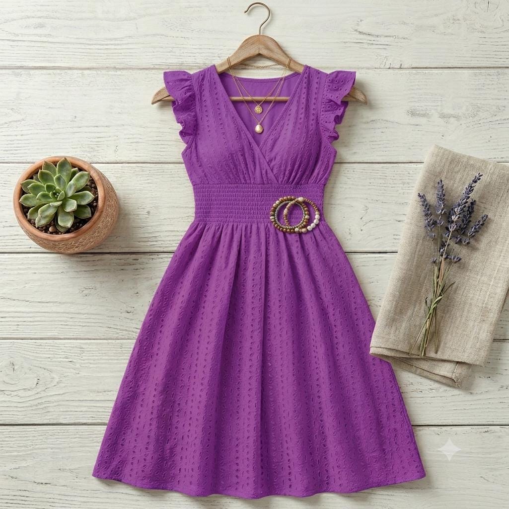 Women's Boho Beach Dress, V-Neck Flare Sleeve Sundress, Hollow Lace Waist Vacation Dress, Casual Summer Resort Wear, Gift for Her