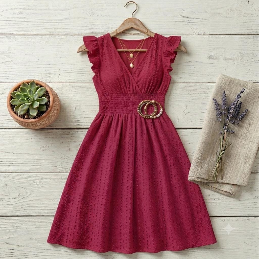 Women's Boho Beach Dress, V-Neck Flare Sleeve Sundress, Hollow Lace Waist Vacation Dress, Casual Summer Resort Wear, Gift for Her