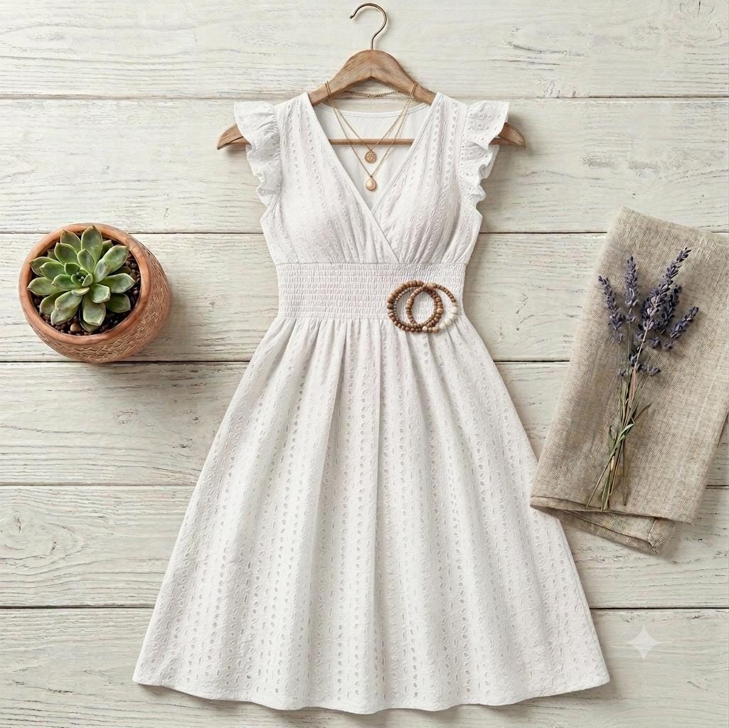 Women's Boho Beach Dress, V-Neck Flare Sleeve Sundress, Hollow Lace Waist Vacation Dress, Casual Summer Resort Wear, Gift for Her