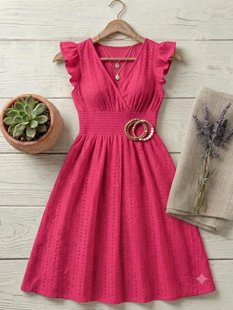 Women's Boho Beach Dress, V-Neck Flare Sleeve Sundress, Hollow Lace Waist Vacation Dress, Casual Summer Resort Wear, Gift for Her