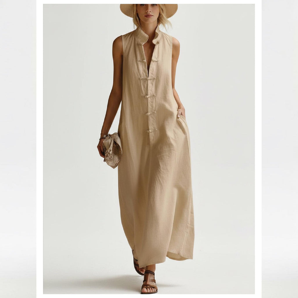 Women Linen Look Midi Dress Sleeveless A-Line Wrap Dress Elegant Minimalist Dress Summer Maxi Dress