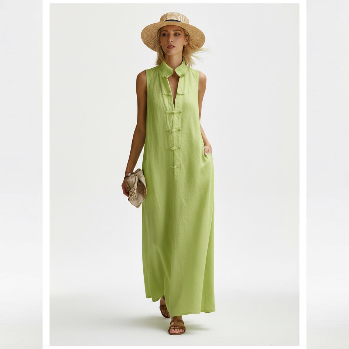 Women Linen Look Midi Dress Sleeveless A-Line Wrap Dress Elegant Minimalist Dress Summer Maxi Dress