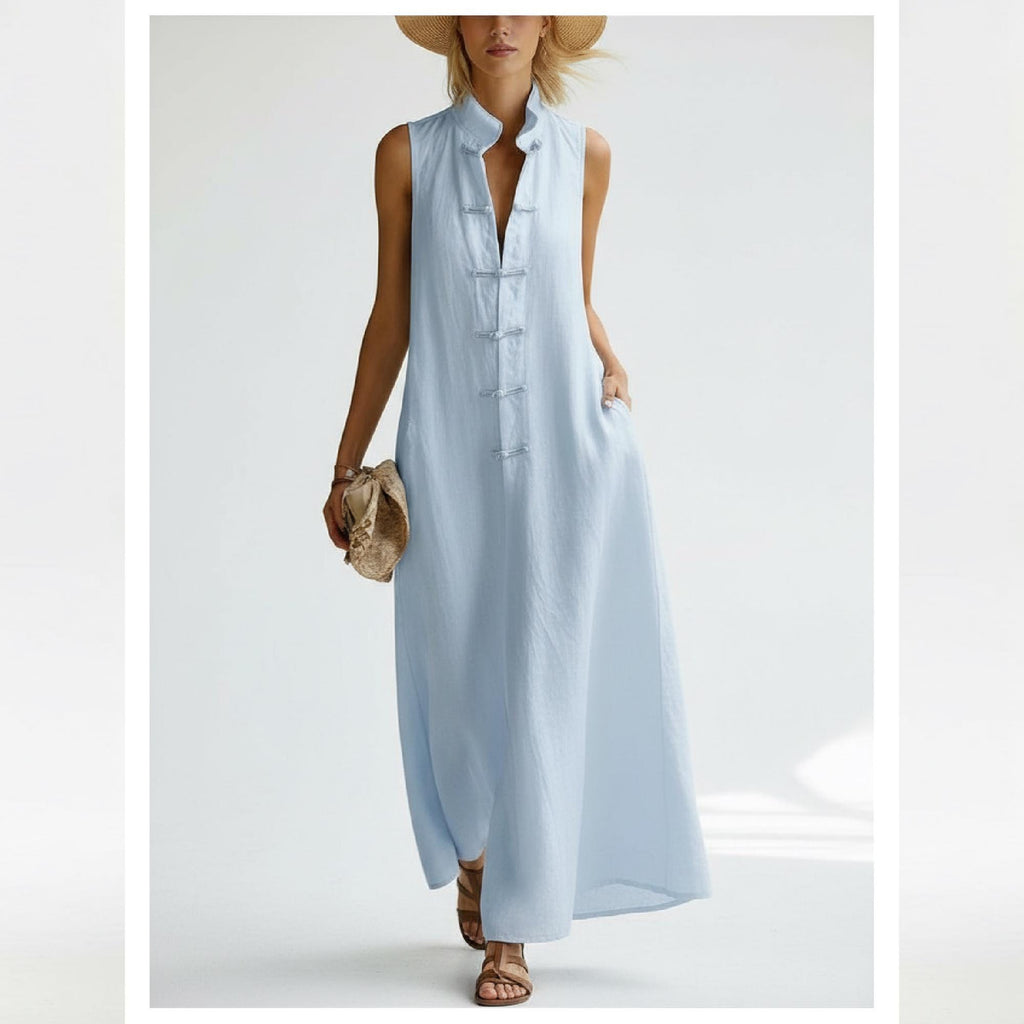 Women Linen Look Midi Dress Sleeveless A-Line Wrap Dress Elegant Minimalist Dress Summer Maxi Dress
