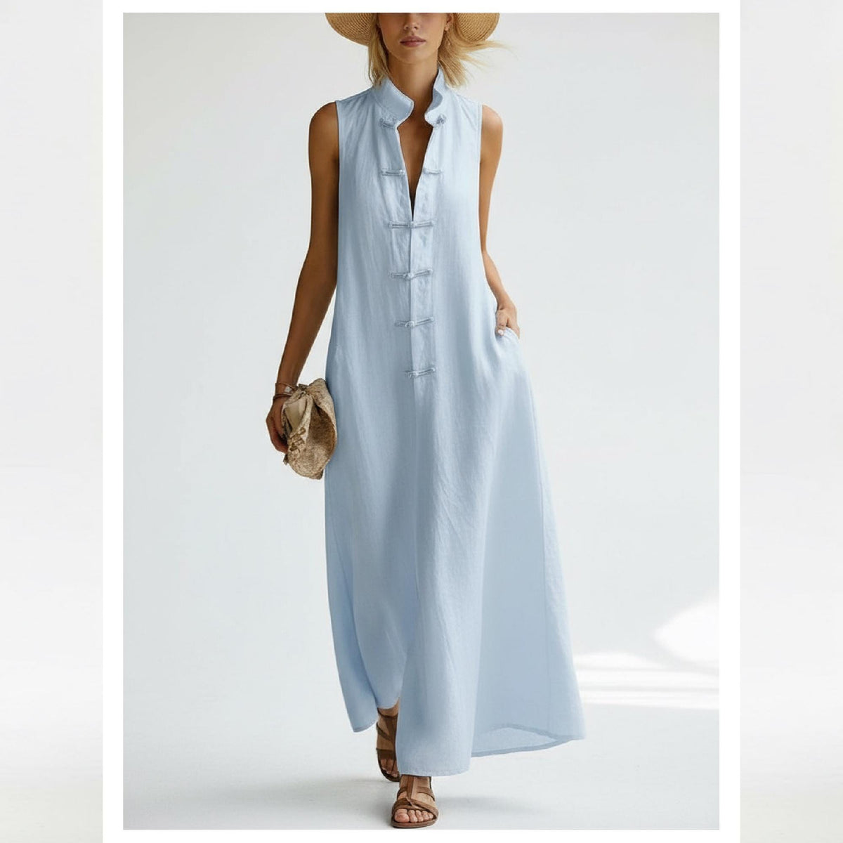 Women Linen Look Midi Dress Sleeveless A-Line Wrap Dress Elegant Minimalist Dress Summer Maxi Dress