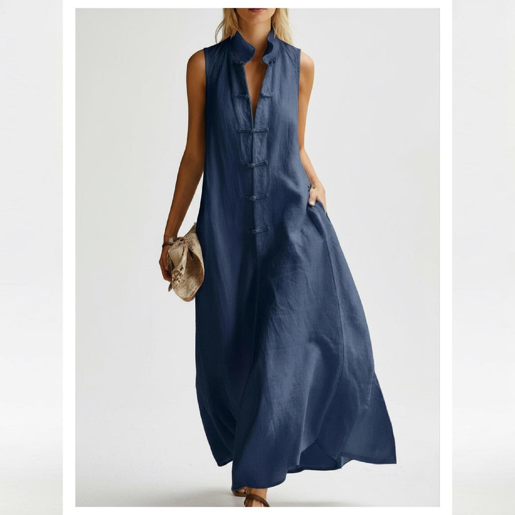 Women Linen Look Midi Dress Sleeveless A-Line Wrap Dress Elegant Minimalist Dress Summer Maxi Dress