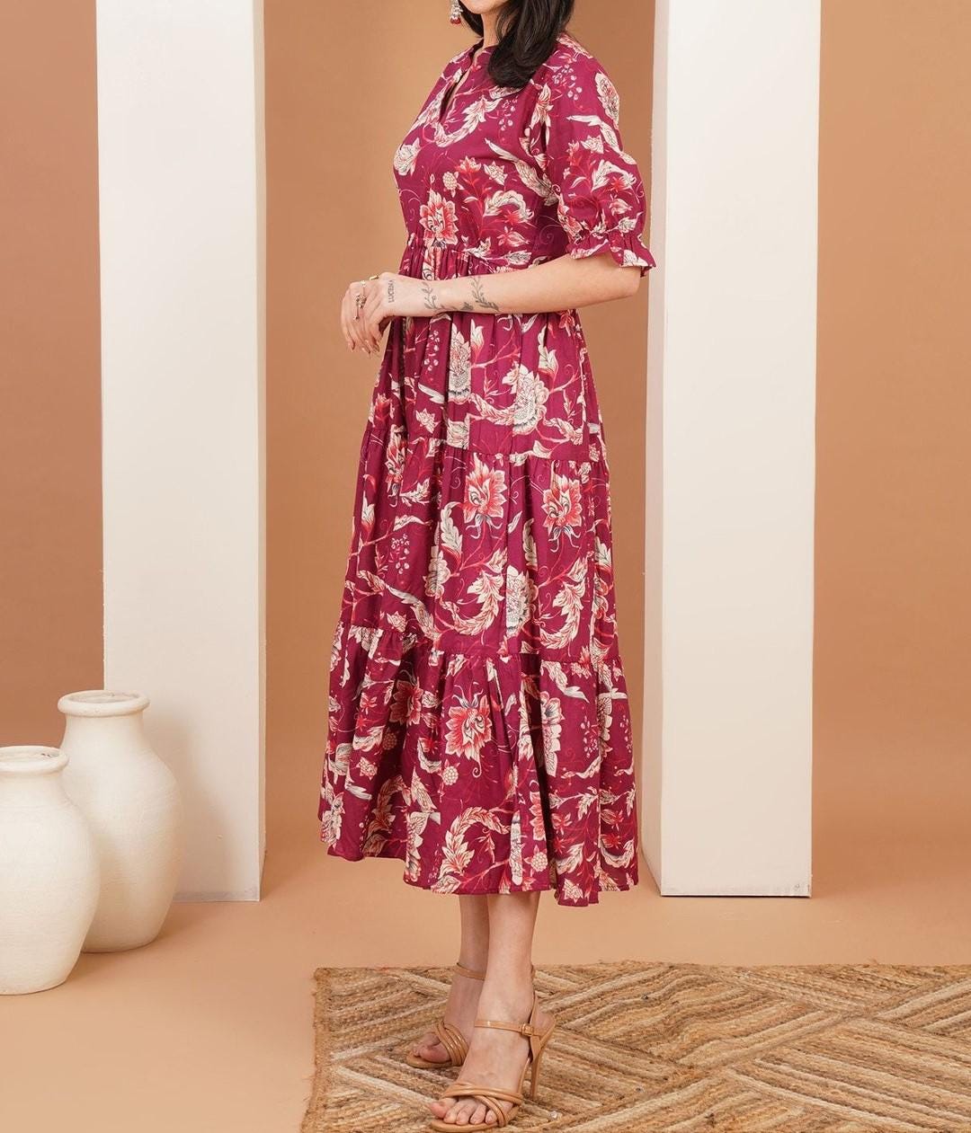 Blue Floral Cotton Midi Dress, Boho Tiered Summer Style, Relaxed Fit, 3/4 Sleeves