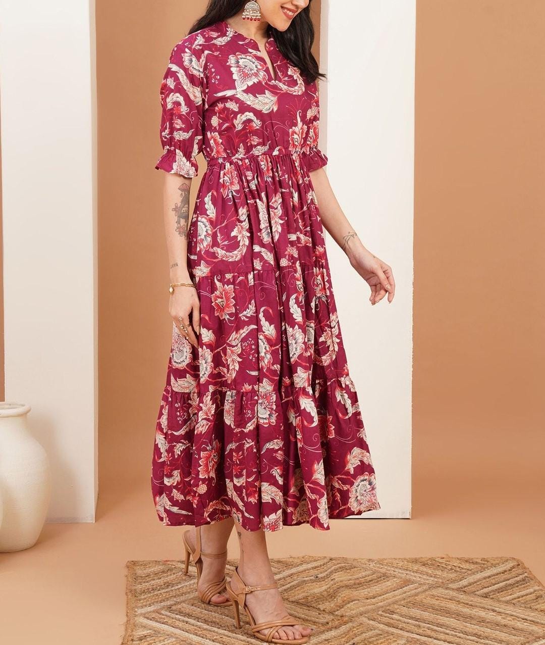 Blue Floral Cotton Midi Dress, Boho Tiered Summer Style, Relaxed Fit, 3/4 Sleeves