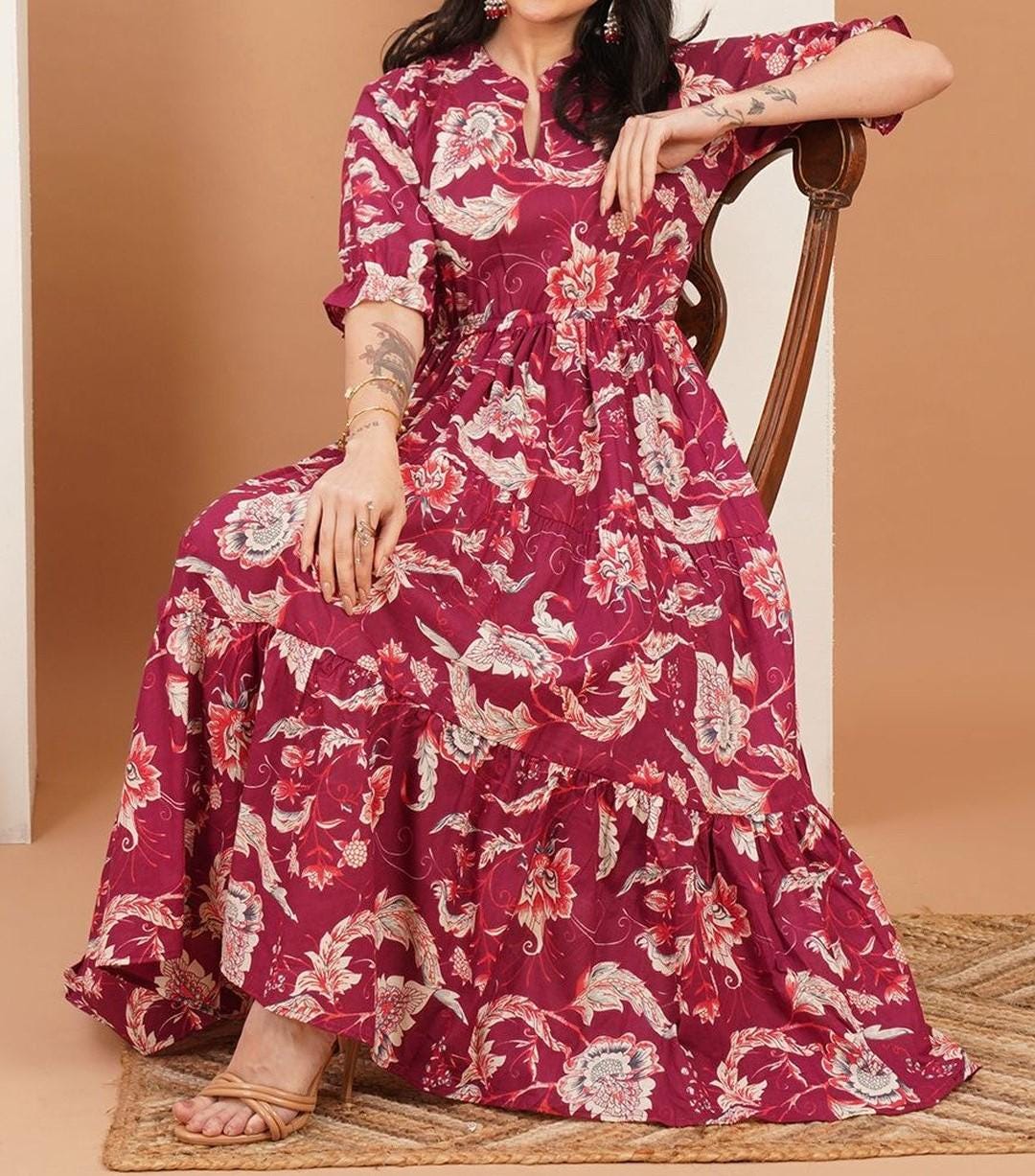Blue Floral Cotton Midi Dress, Boho Tiered Summer Style, Relaxed Fit, 3/4 Sleeves