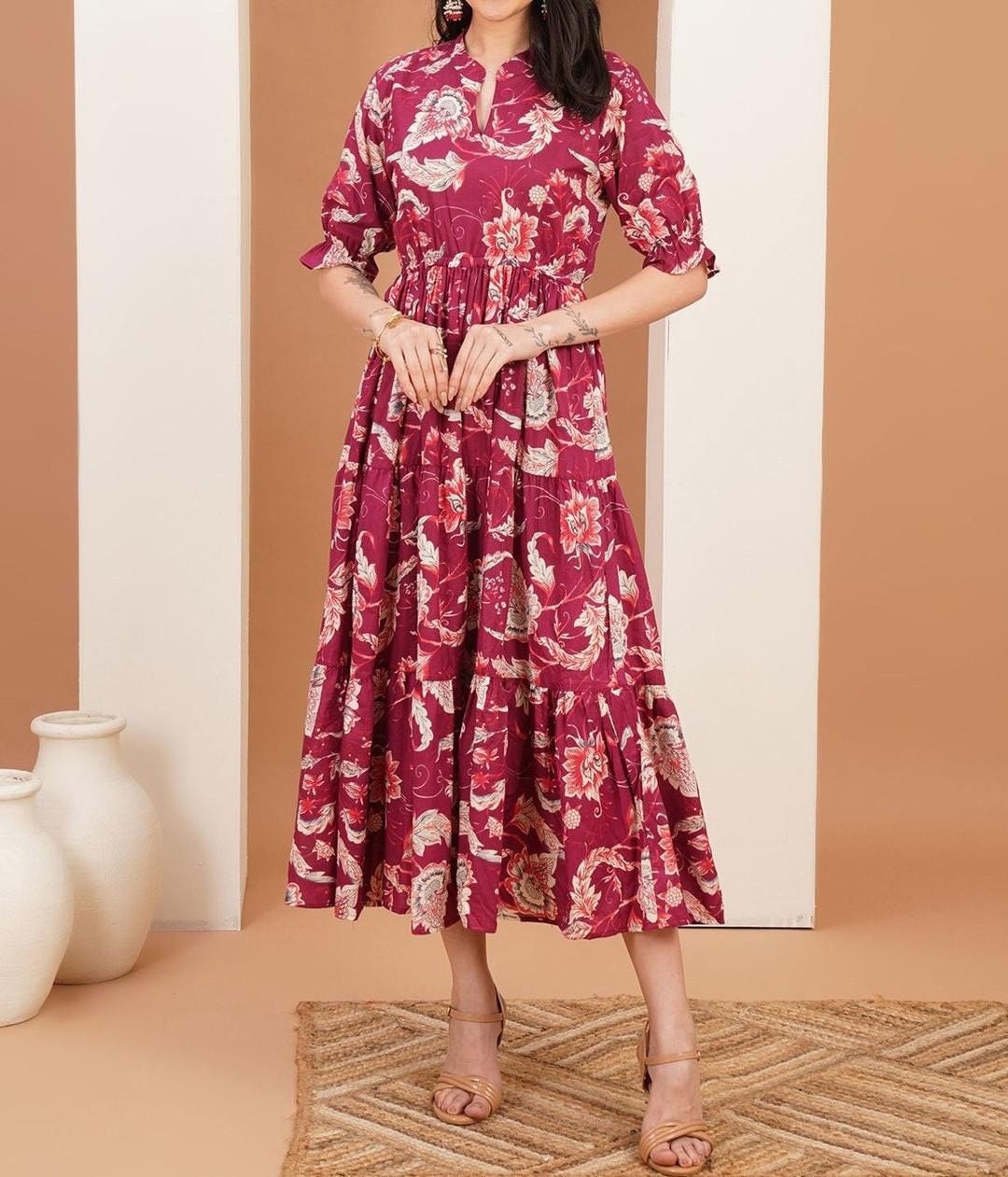 Blue Floral Cotton Midi Dress, Boho Tiered Summer Style, Relaxed Fit, 3/4 Sleeves