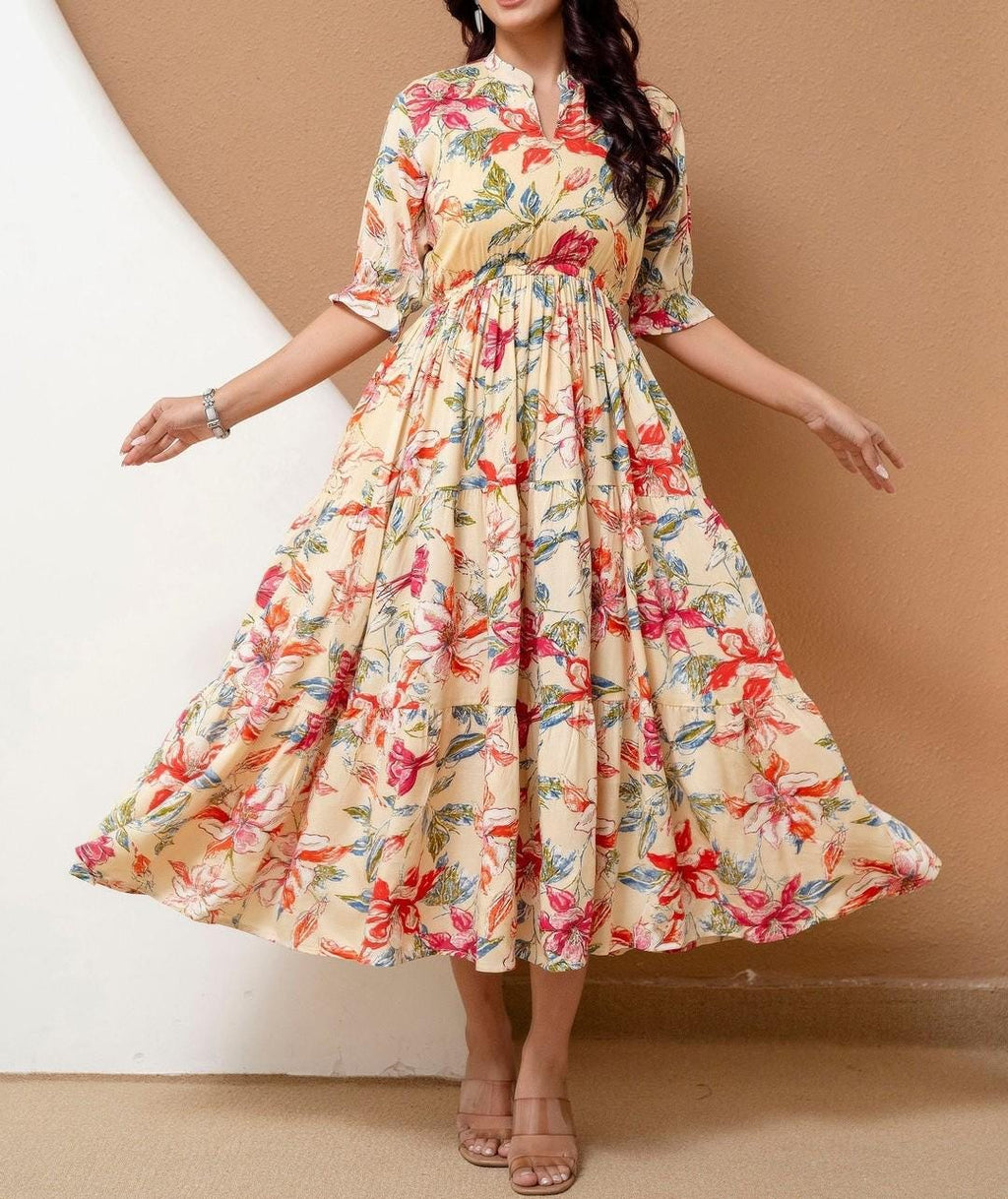 Blue Floral Cotton Midi Dress, Boho Tiered Summer Style, Relaxed Fit, 3/4 Sleeves