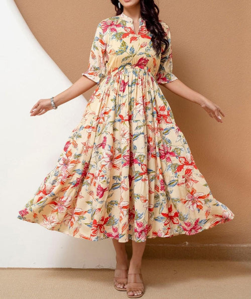 Blue Floral Cotton Midi Dress, Boho Tiered Summer Style, Relaxed Fit, 3/4 Sleeves
