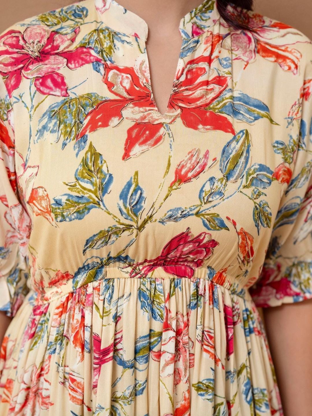 Blue Floral Cotton Midi Dress, Boho Tiered Summer Style, Relaxed Fit, 3/4 Sleeves