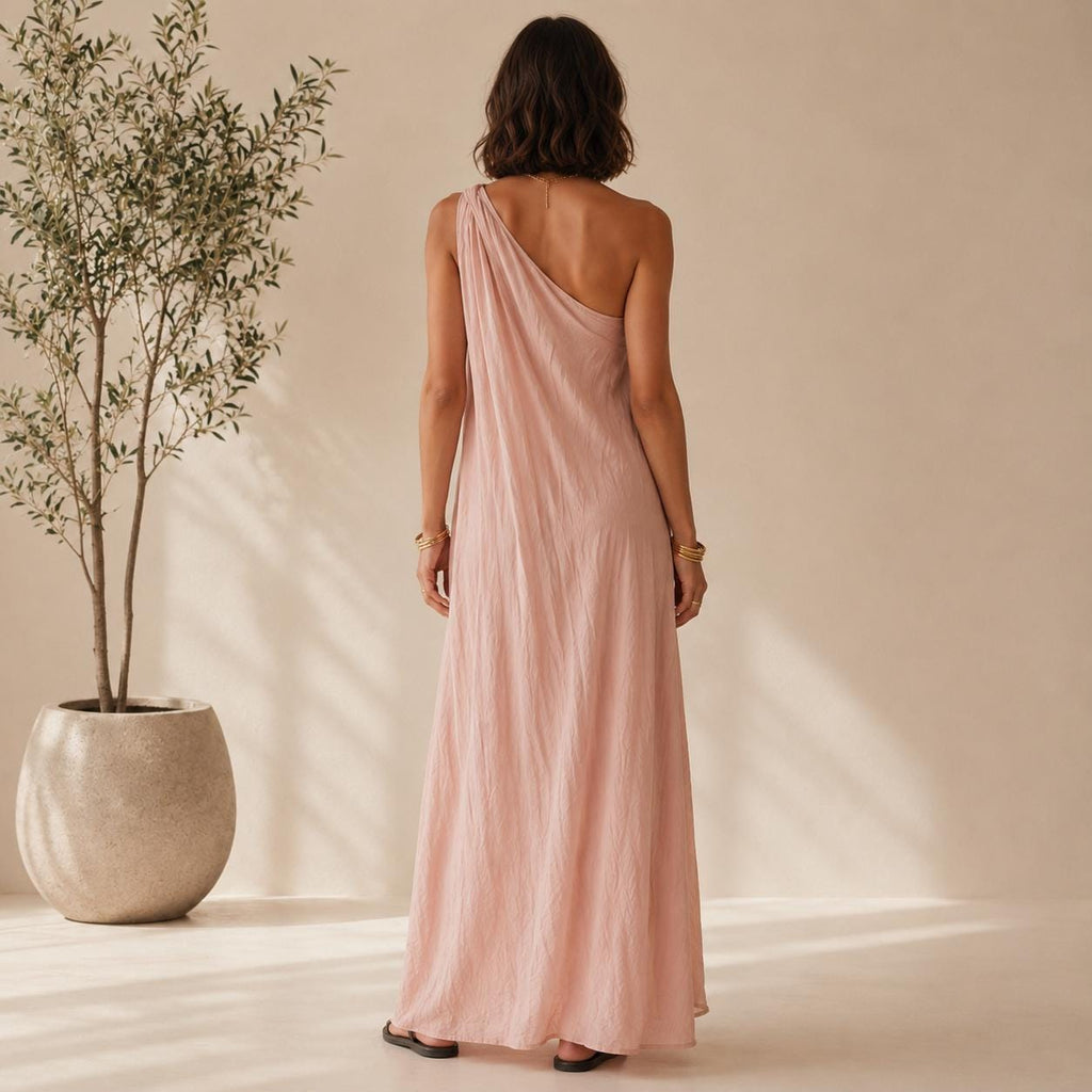One Shoulder Draped Maxi Dress, Flowy Boho Resort Wear, Elegant Summer Gown
