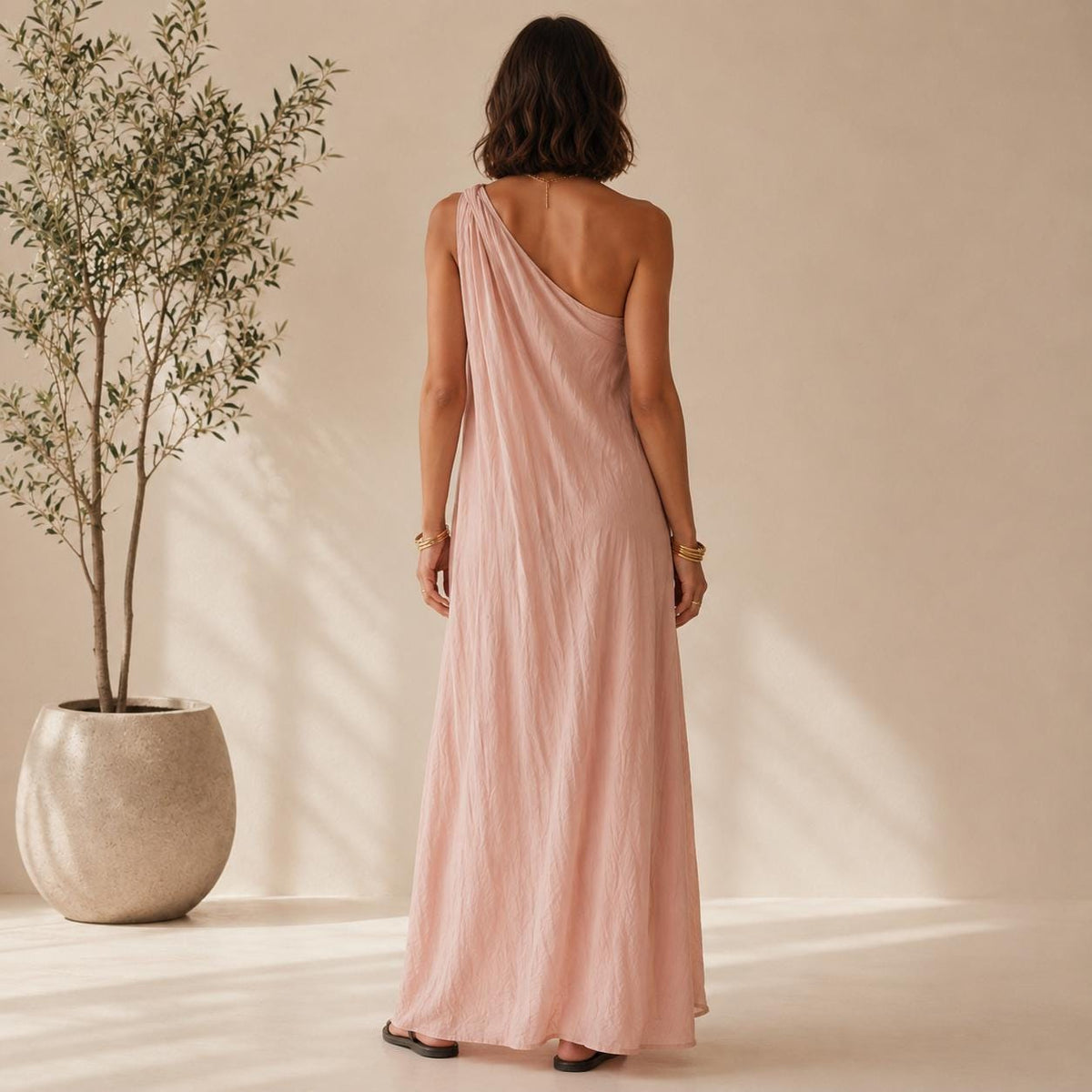 One Shoulder Draped Maxi Dress, Flowy Boho Resort Wear, Elegant Summer Gown