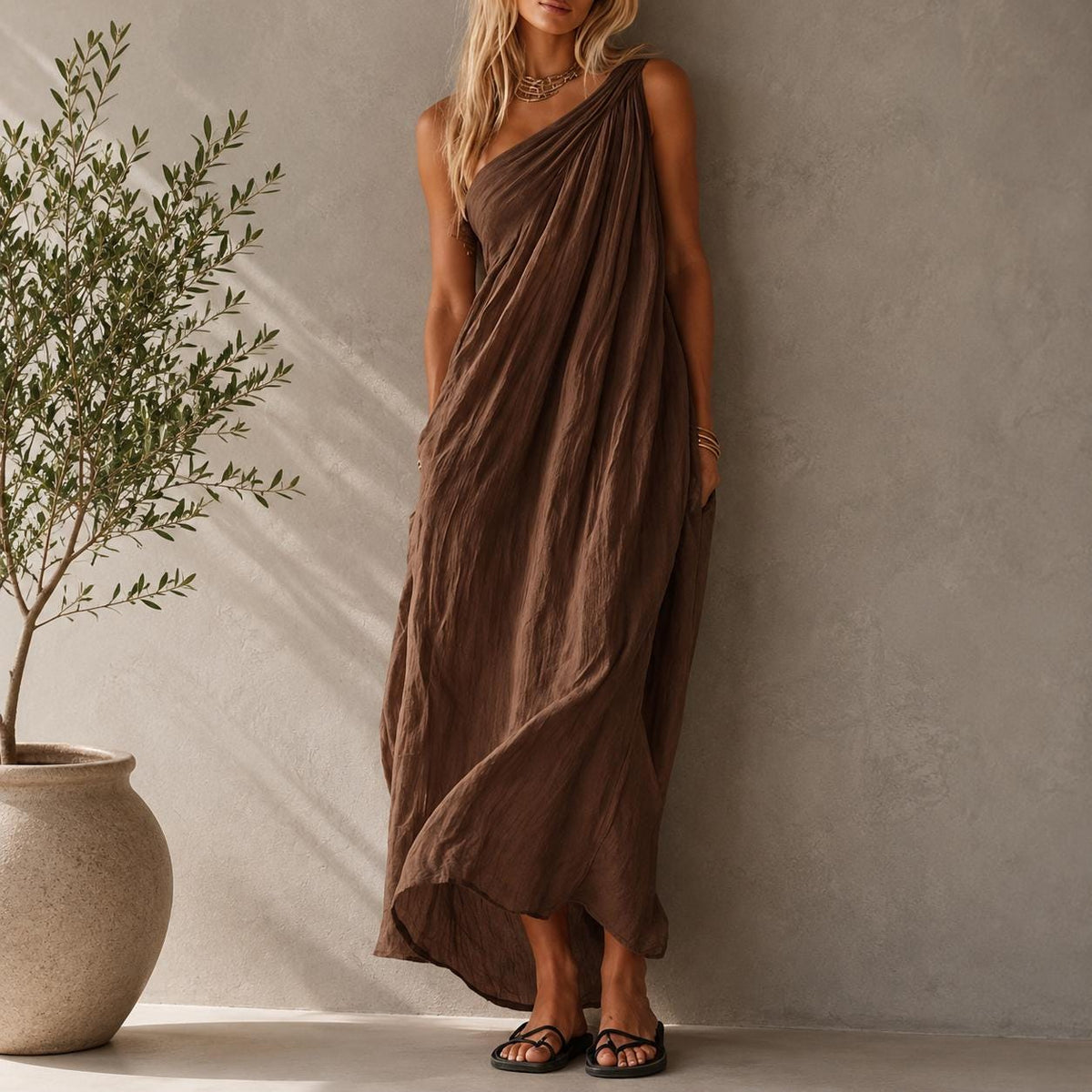 One Shoulder Draped Maxi Dress, Flowy Boho Resort Wear, Elegant Summer Gown