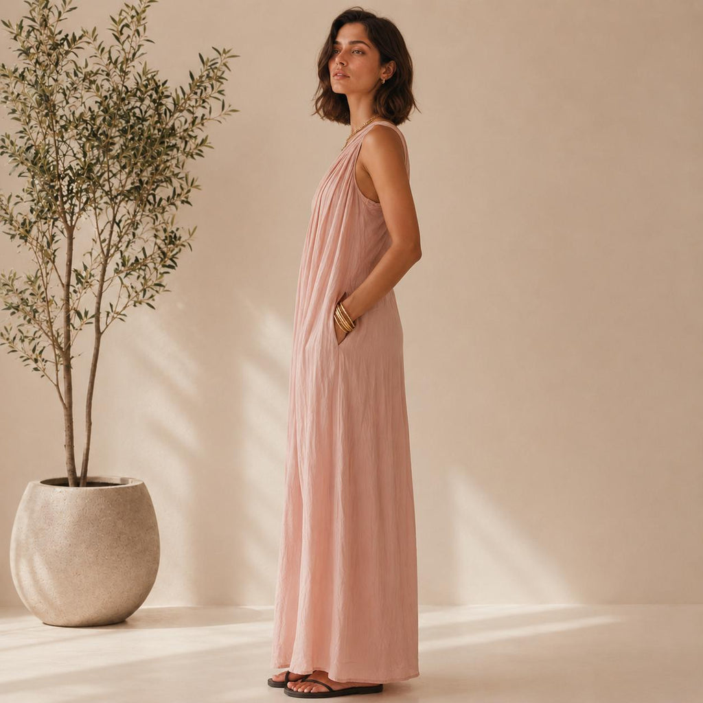 One Shoulder Draped Maxi Dress, Flowy Boho Resort Wear, Elegant Summer Gown
