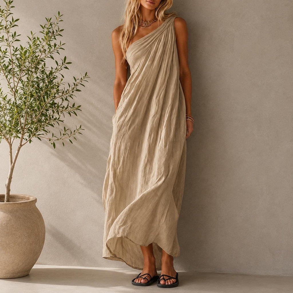 One Shoulder Draped Maxi Dress, Flowy Boho Resort Wear, Elegant Summer Gown