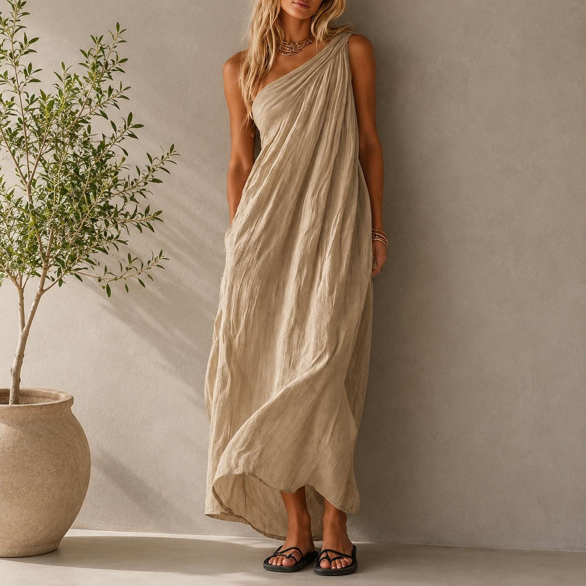 One Shoulder Draped Maxi Dress, Flowy Boho Resort Wear, Elegant Summer Gown