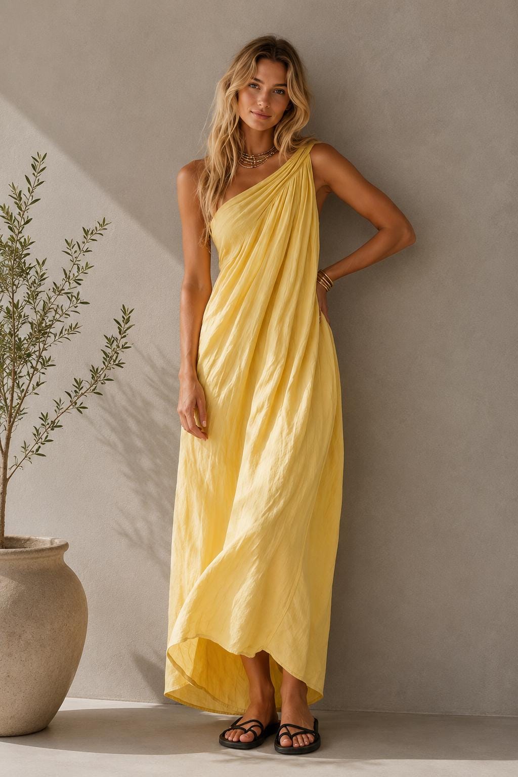 One Shoulder Draped Maxi Dress, Flowy Boho Resort Wear, Elegant Summer Gown