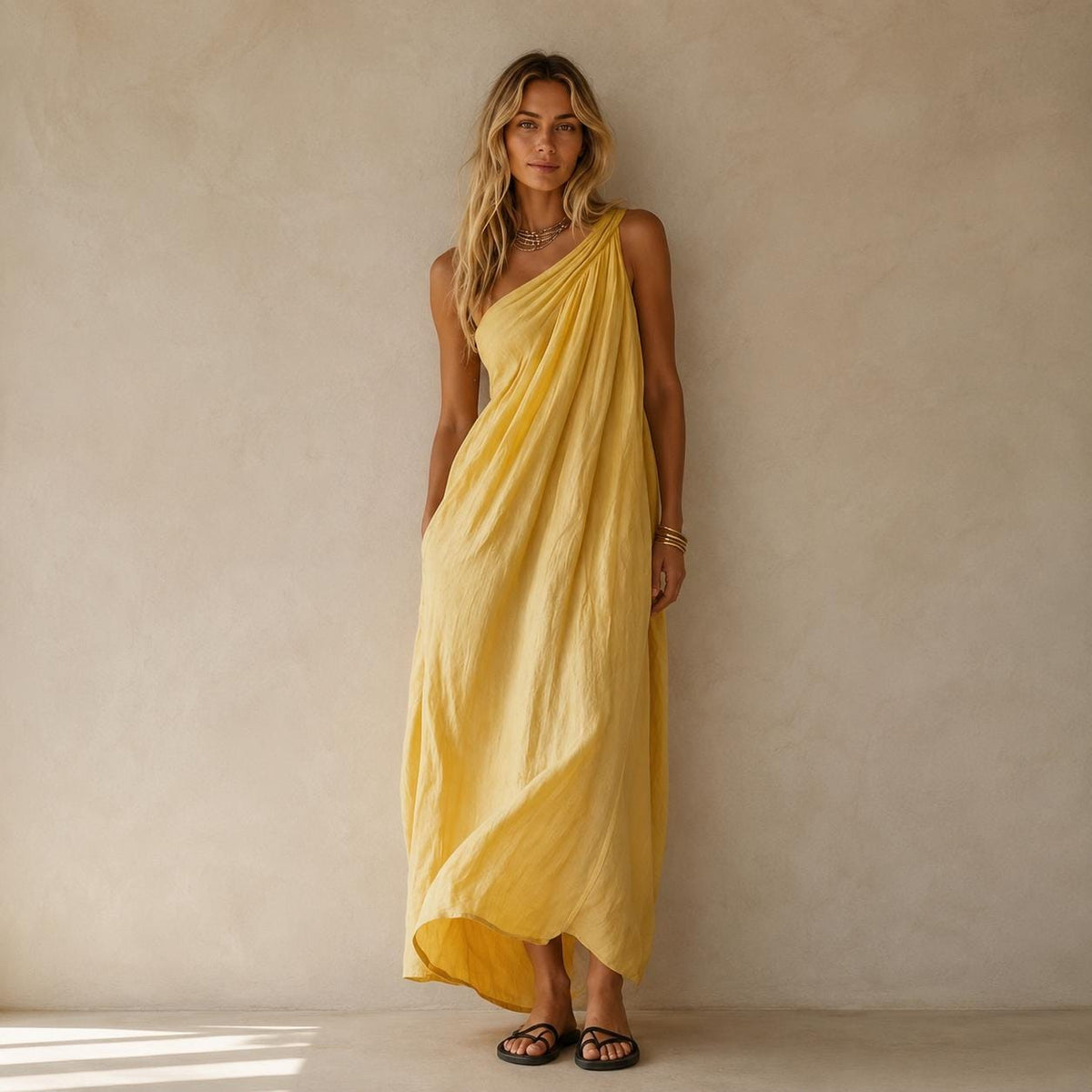 One Shoulder Draped Maxi Dress, Flowy Boho Resort Wear, Elegant Summer Gown