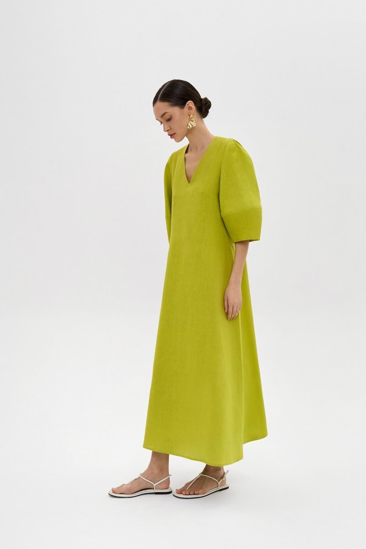 V-Neck Linen Shift Dress with Puff Sleeves | Sustainable | Organic | Luxury