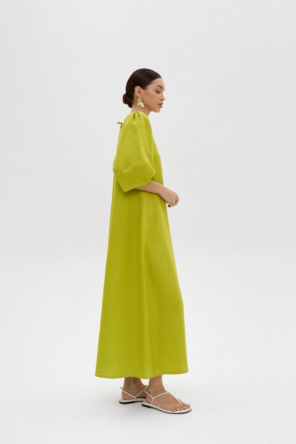 V-Neck Linen Shift Dress with Puff Sleeves | Sustainable | Organic | Luxury