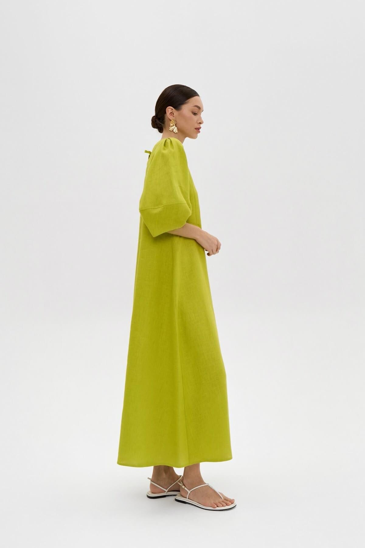 V-Neck Linen Shift Dress with Puff Sleeves | Sustainable | Organic | Luxury
