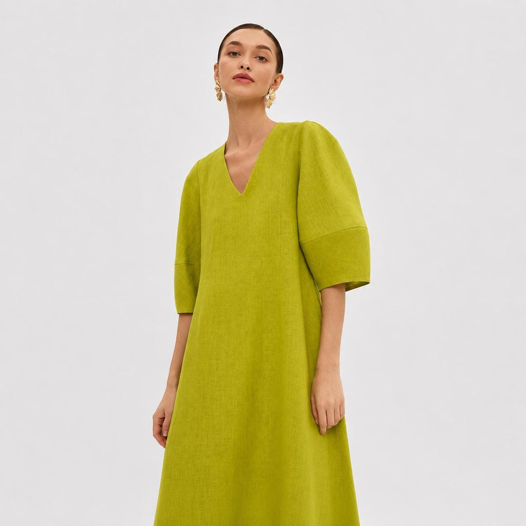 V-Neck Linen Shift Dress with Puff Sleeves | Sustainable | Organic | Luxury